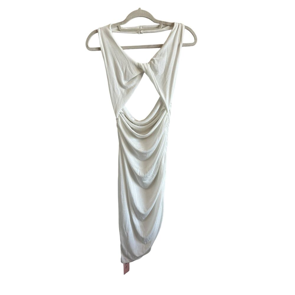 Micas Women's XL Optical White Sleeveless Twist Knot Backless Ruched Midi Dress